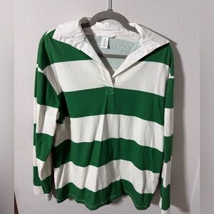 H&M LOOSE-FIT POLO SHIRT. Cream/green striped. Size small.